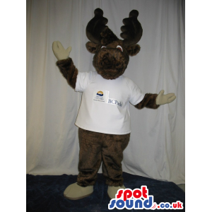 Brown Deer Animal Plush Mascot Wearing White T-Shirt With Logo