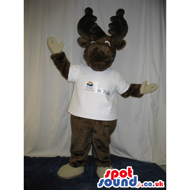 Brown Deer Animal Plush Mascot Wearing White T-Shirt With Logo