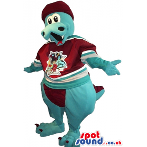 Blue Dragon Plush Mascot Wearing Maroon Football Garments -