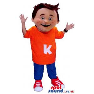 Boy mascot with a orange t-shirt and in blue pants with red