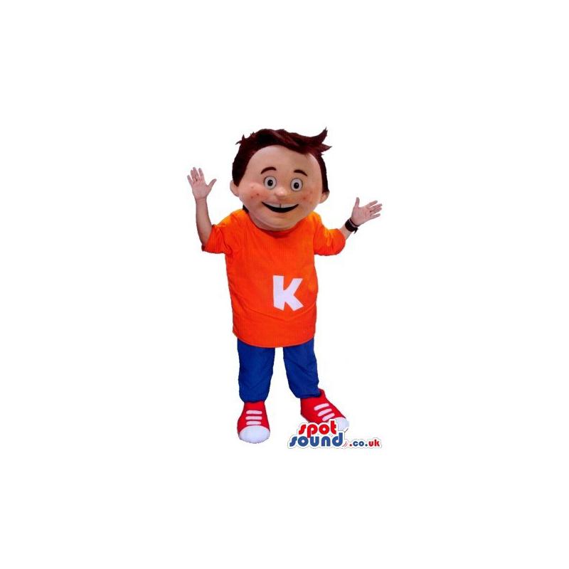 Boy mascot with a orange t-shirt and in blue pants with red