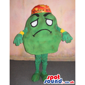 Amazing Green Bacteria Mascot Wearing An Orange Hat With Text -