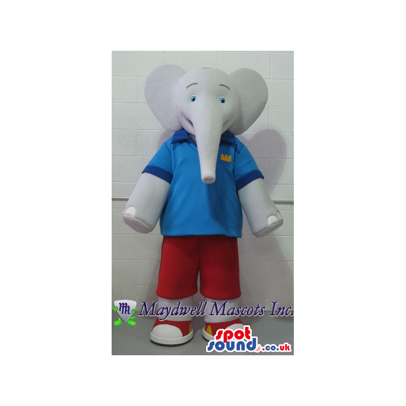 Cartoon Grey Elephant Plush Mascot Wearing Blue And Red Clothes