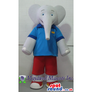 Cartoon Grey Elephant Plush Mascot Wearing Blue And Red Clothes