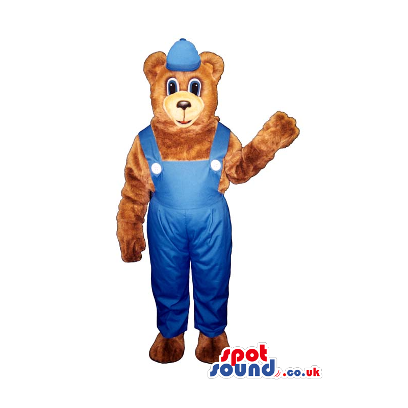 Cartoon Brown Bear Plush Mascot Wearing Blue Overalls And A Cap