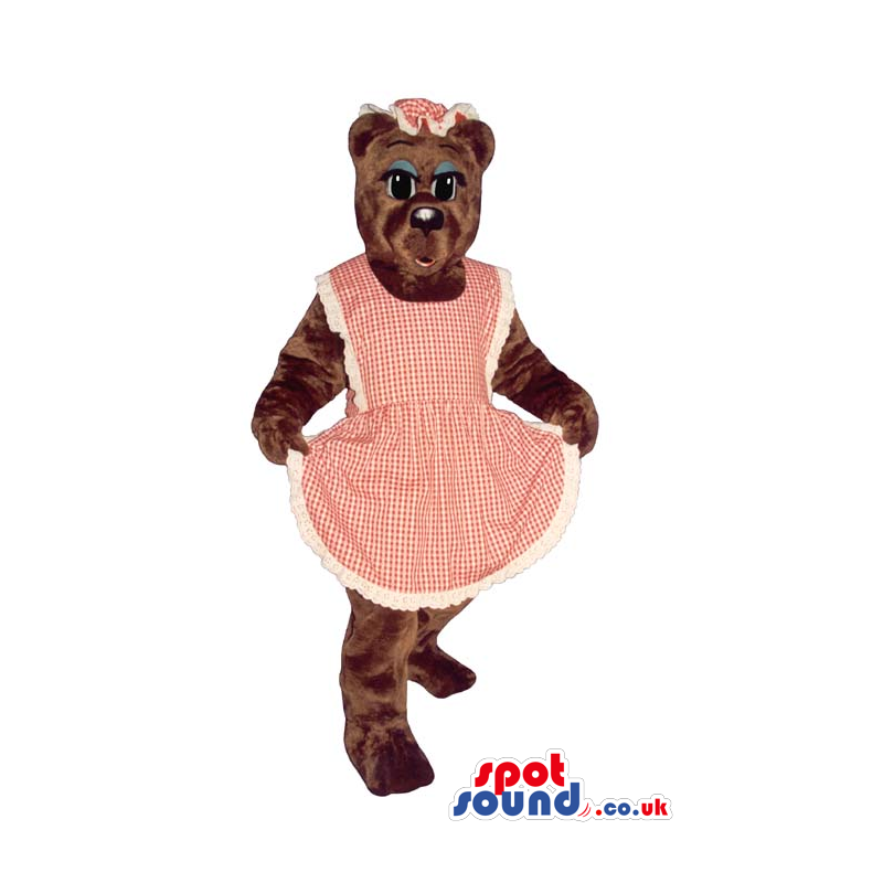 Brown Lady Bear Plush Mascot With Blue Eyelids Wearing An Apron