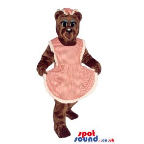 Brown Lady Bear Plush Mascot With Blue Eyelids Wearing An Apron