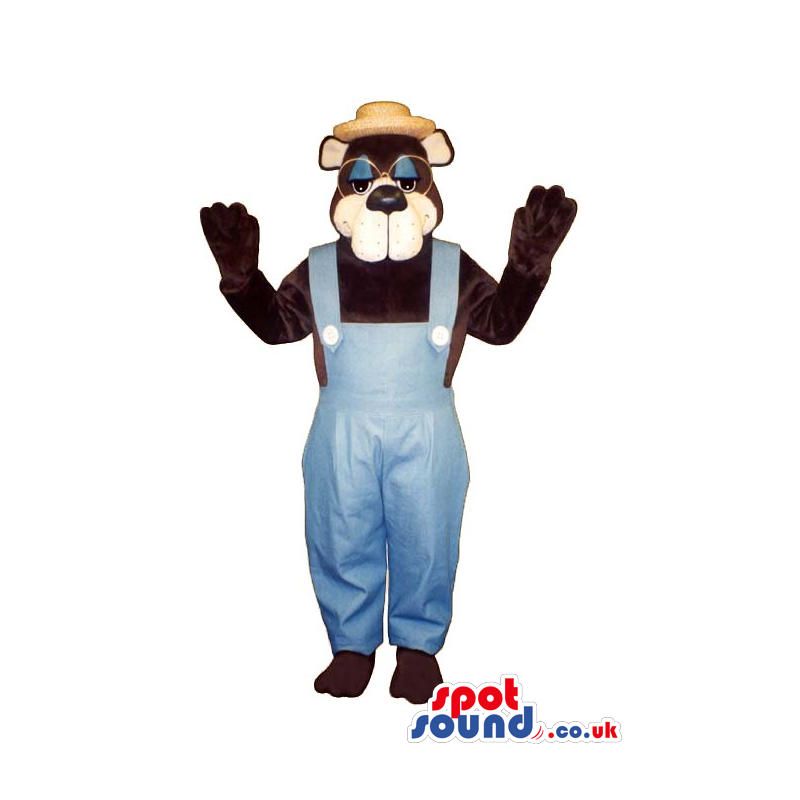 Brown Bear Plush Mascot With Glasses Wearing Farmer Clothes -