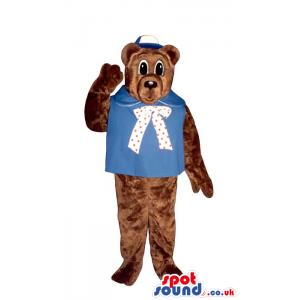 Brown Bear Plush Mascot With Blue Garments And A Cap. - Custom