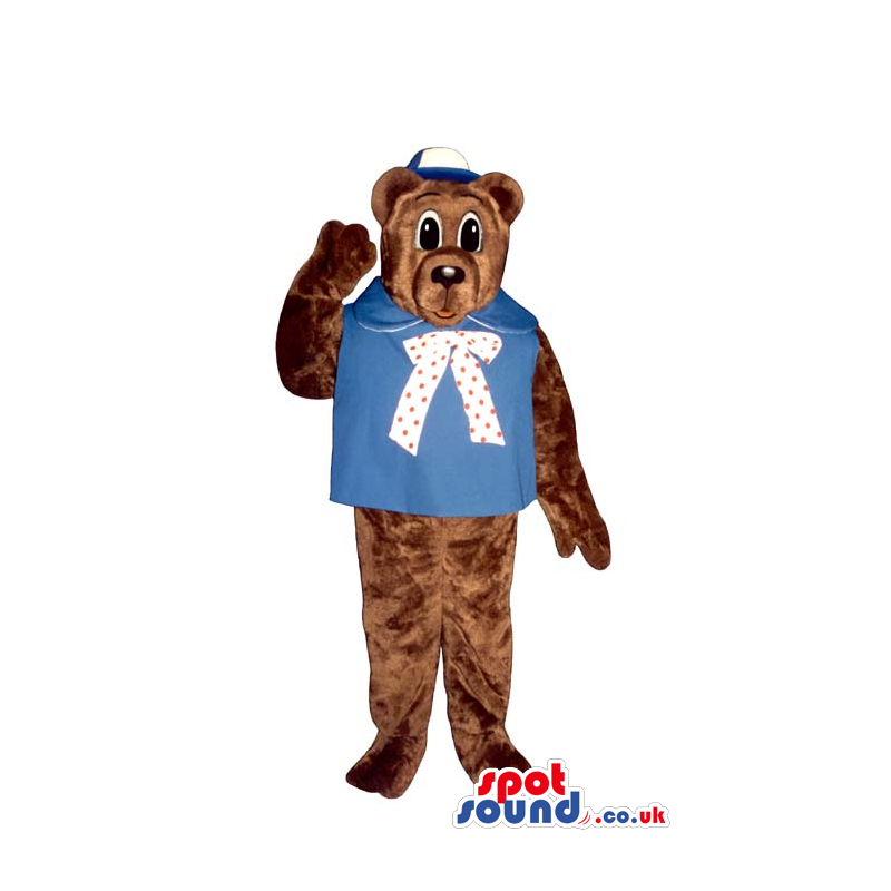 Brown Bear Plush Mascot With Blue Garments And A Cap. - Custom