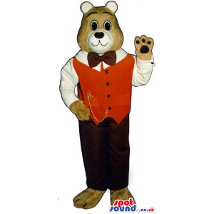 Brown Bear Plush Mascot With A Red Vest And A Pocket Watch -