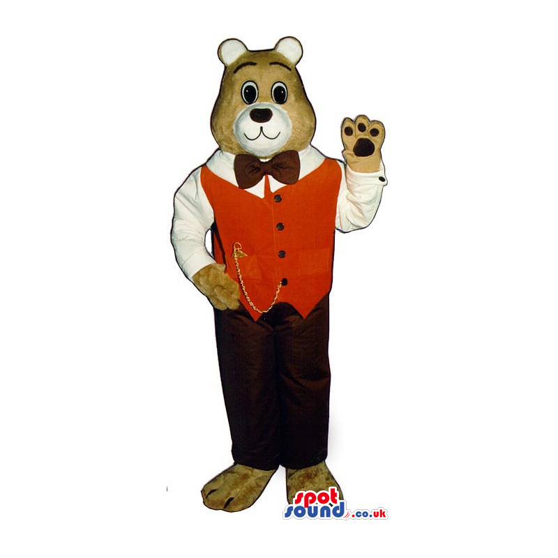 Brown Bear Plush Mascot With A Red Vest And A Pocket Watch -