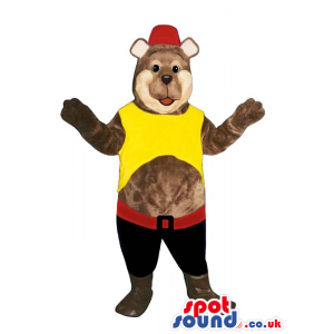 Brown Bear Plush Mascot Wearing Red And Yellow Funny Garments -