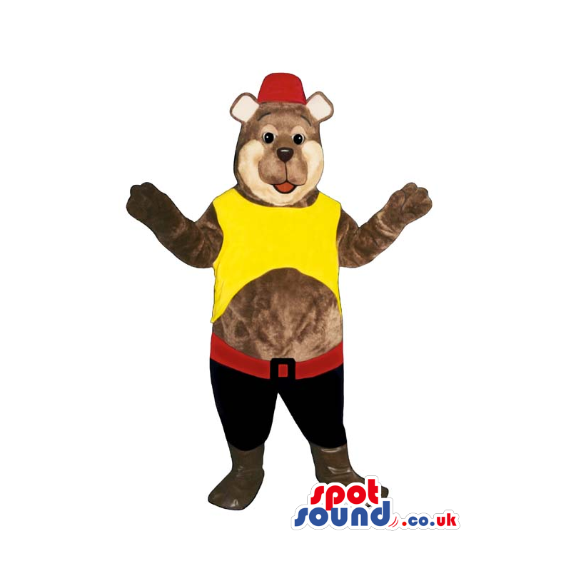 Brown Bear Plush Mascot Wearing Red And Yellow Funny Garments -