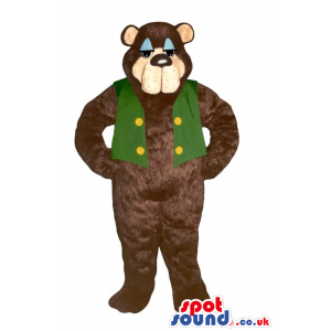 Brown Bear Plush Mascot With A Sleepy Face Wearing A Green Vest