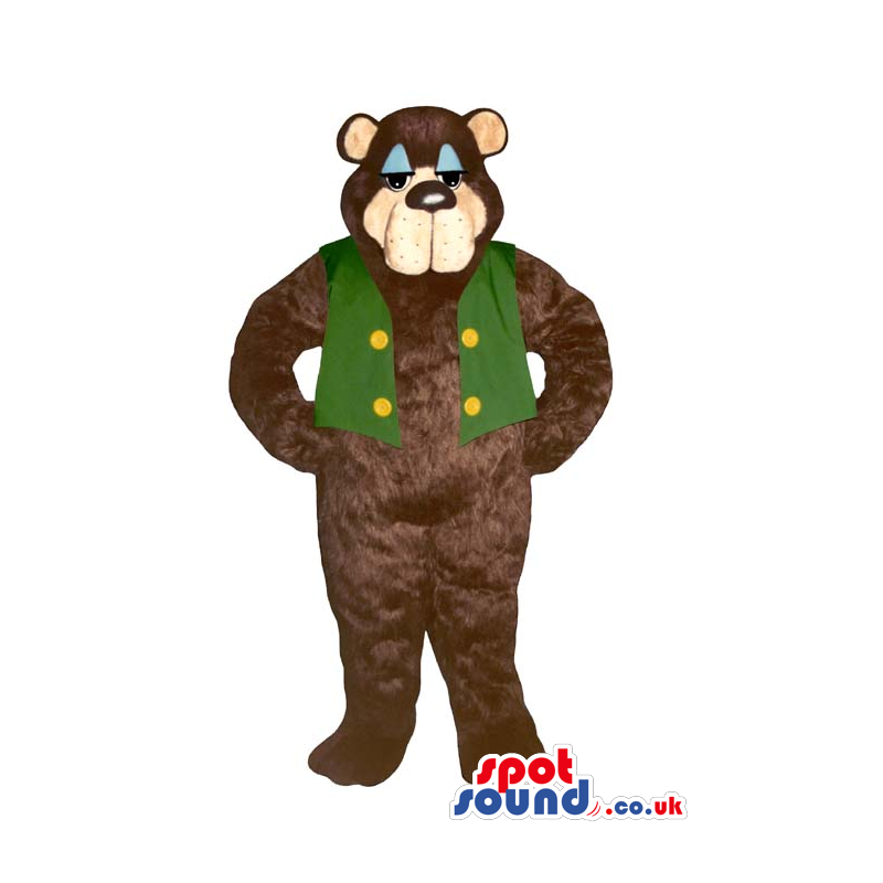 Brown Bear Plush Mascot With A Sleepy Face Wearing A Green Vest