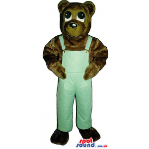 Dark Brown Bear Plush Mascot Wearing Blue Overalls - Custom