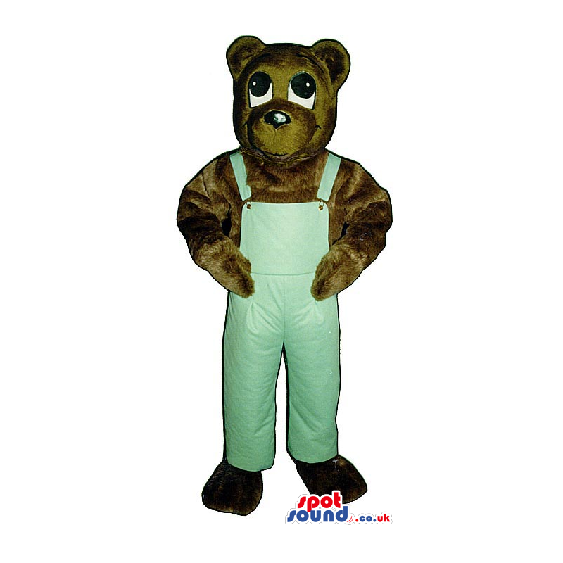 Dark Brown Bear Plush Mascot Wearing Blue Overalls - Custom