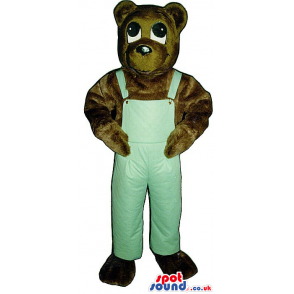 Dark Brown Bear Plush Mascot Wearing Blue Overalls - Custom