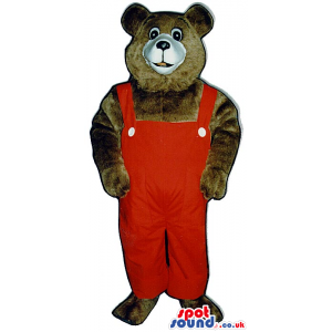 Dark Brown Bear Plush Mascot Wearing Red Overalls - Custom