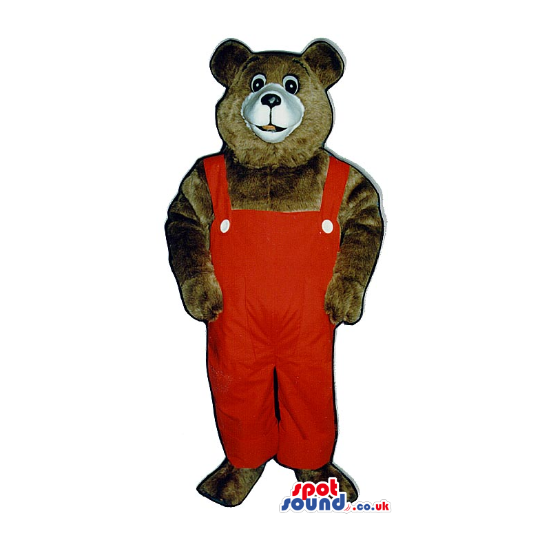 Dark Brown Bear Plush Mascot Wearing Red Overalls - Custom