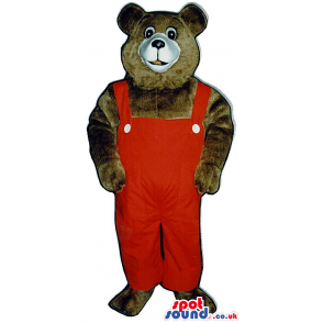 Dark Brown Bear Plush Mascot Wearing Red Overalls - Custom