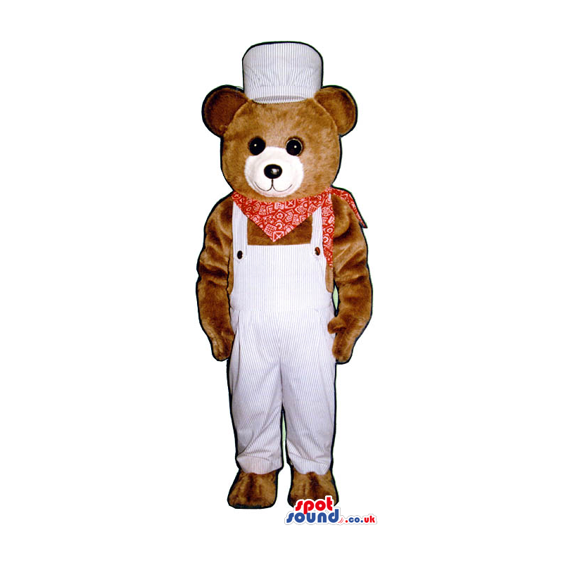 Brown Bear Plush Mascot Wearing White Overalls And A Neck Scarf