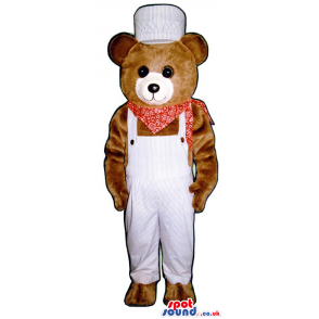 Brown Bear Plush Mascot Wearing White Overalls And A Neck Scarf