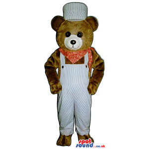 Brown Bear Plush Mascot Wearing White Overalls And A Neck Scarf