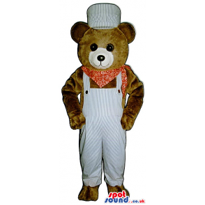 Brown Bear Plush Mascot Wearing White Overalls And A Neck Scarf