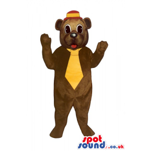 Brown Bear Plush Mascot Wearing A Yellow Tie And Hat - Custom