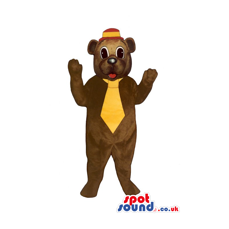 Brown Bear Plush Mascot Wearing A Yellow Tie And Hat - Custom