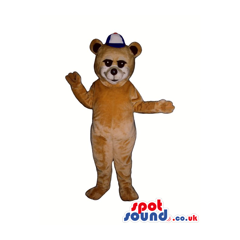 Light Brown Bear Plush Mascot Wearing A White And Blue Cap -
