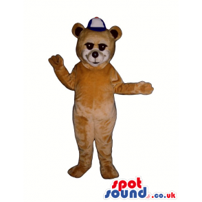 Light Brown Bear Plush Mascot Wearing A White And Blue Cap -