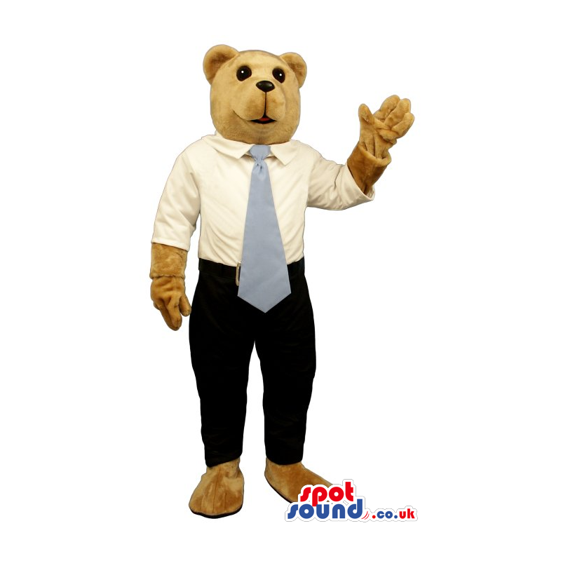 Light Brown Bear Plush Mascot Wearing A White Shirt And Blue