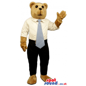 Light Brown Bear Plush Mascot Wearing A White Shirt And Blue