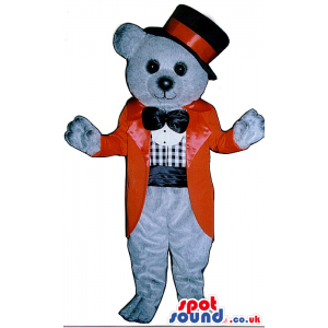 Grey Bear Plush Mascot Wearing A Top Hat And Elegant Red Jacket