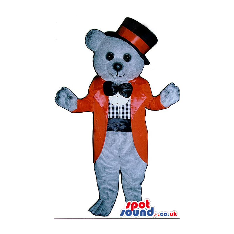 Grey Bear Plush Mascot Wearing A Top Hat And Elegant Red Jacket