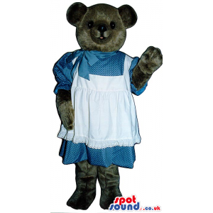 Grey Bear Plush Mascot Wearing A Blue And White Apron - Custom
