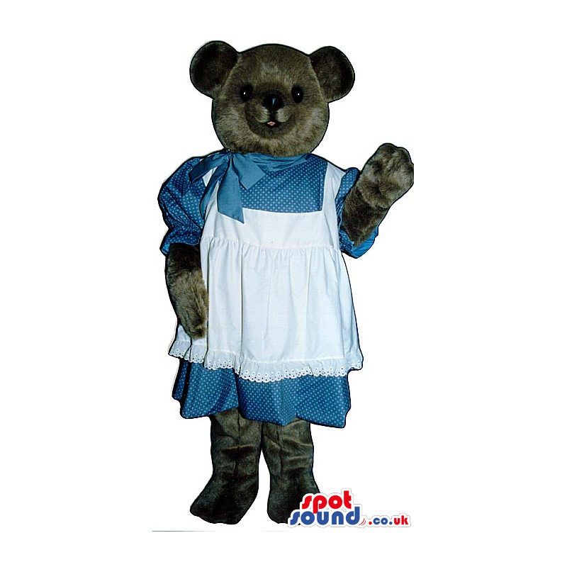 Grey Bear Plush Mascot Wearing A Blue And White Apron - Custom