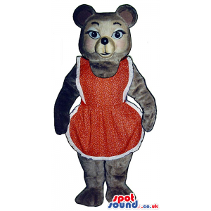 Grey Bear Plush Mascot Wearing A Red And White Apron - Custom