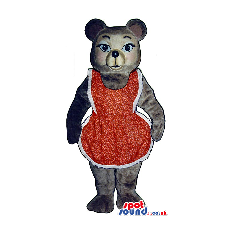 Grey Bear Plush Mascot Wearing A Red And White Apron - Custom