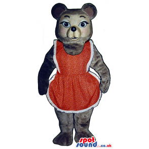 Grey Bear Plush Mascot Wearing A Red And White Apron - Custom