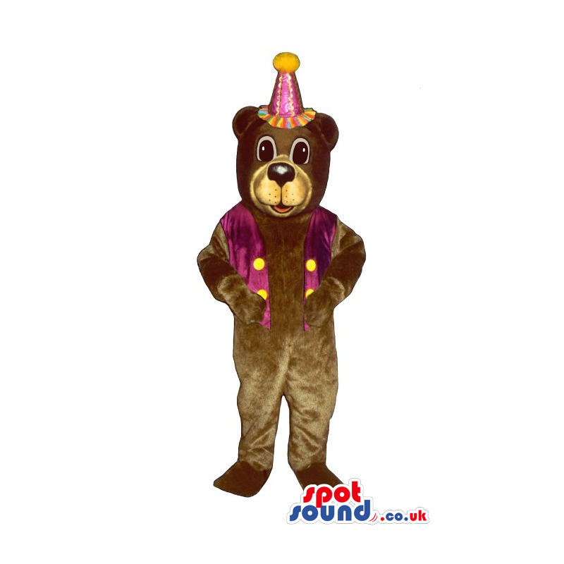 Brown Bear Plush Mascot Wearing A Purple Party Hat And Vest -