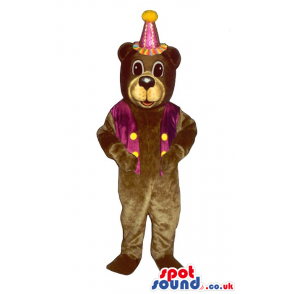 Brown Bear Plush Mascot Wearing A Purple Party Hat And Vest -