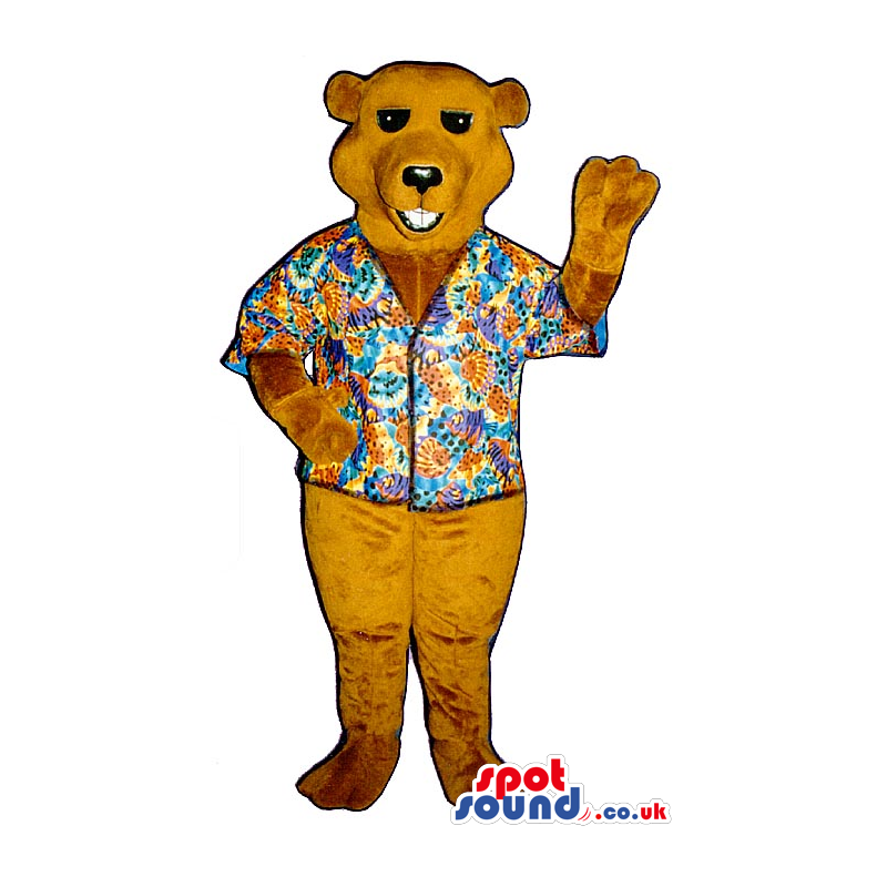 Plain All Brown Bear Plush Mascot Wearing A Hawaiian Flowery