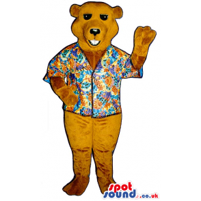 Plain All Brown Bear Plush Mascot Wearing A Hawaiian Flowery