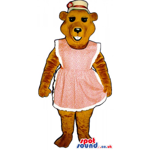 A Brown Bear Plush Mascot Wearing A Pink Apron And A Hat. -