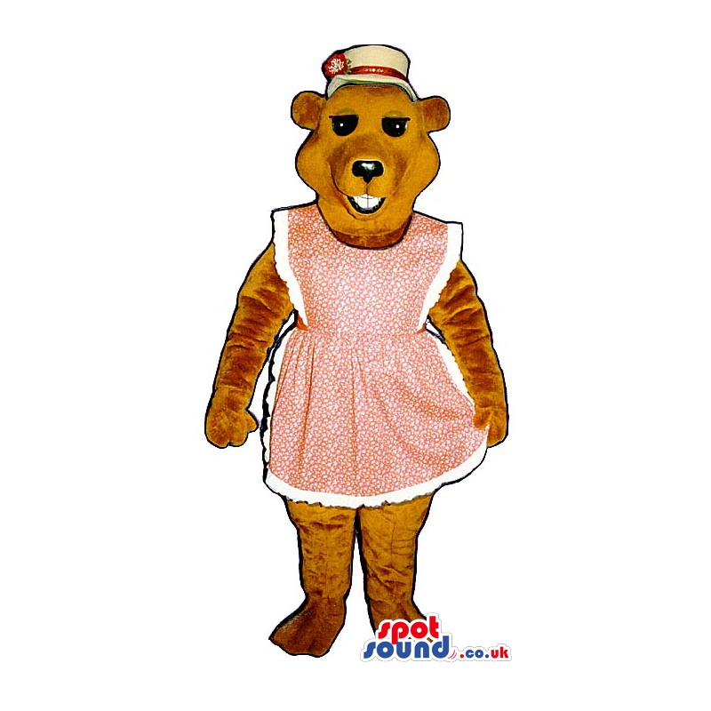 A Brown Bear Plush Mascot Wearing A Pink Apron And A Hat. -