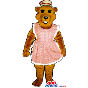A Brown Bear Plush Mascot Wearing A Pink Apron And A Hat. -